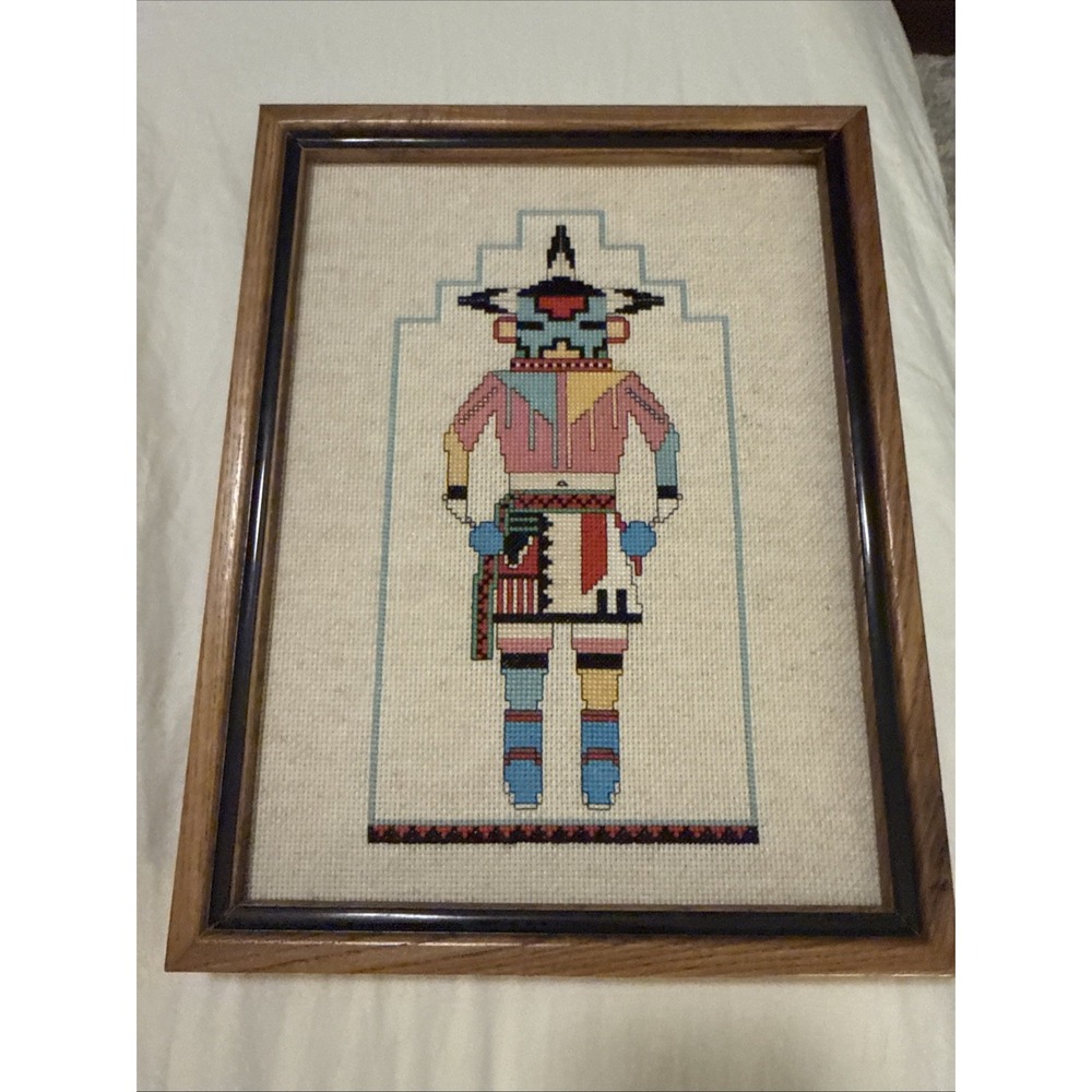 Vintage Kachina Yarn Crewel Art Framed Tapestry Indigenous Southwestern Warrior
